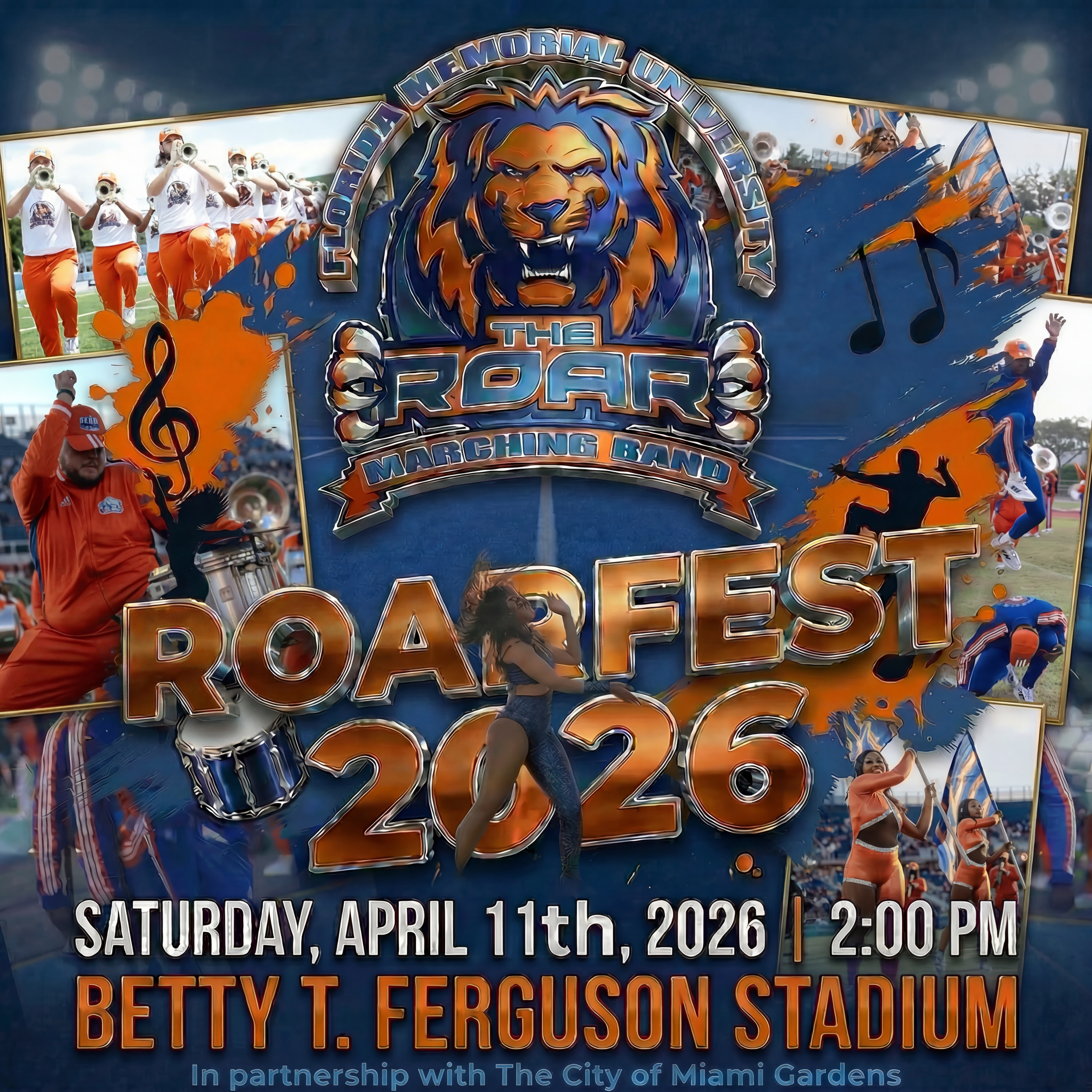 RoarFest 2026 — Florida Memorial University, The Roar Marching Band. Saturday April 11th, 2026 at 2:00 PM, Betty T. Ferguson Stadium. In partnership with The City of Miami Gardens.